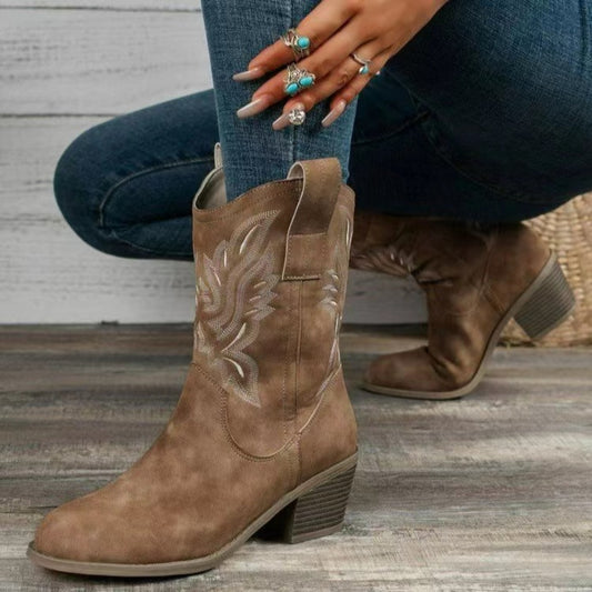 Embroidered Point Toe Block Heel Cowgirl Boots
