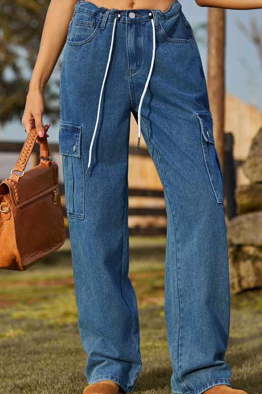 Loose Fit Drawstring Jeans with Pockets