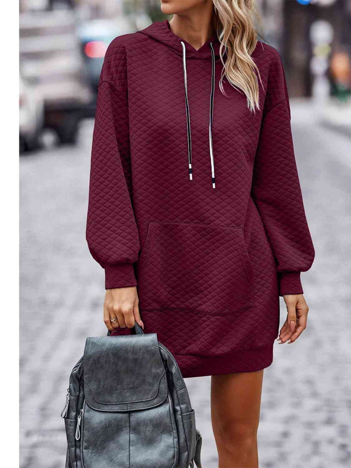 Textured Drawstring Tunic Hoodie Dress