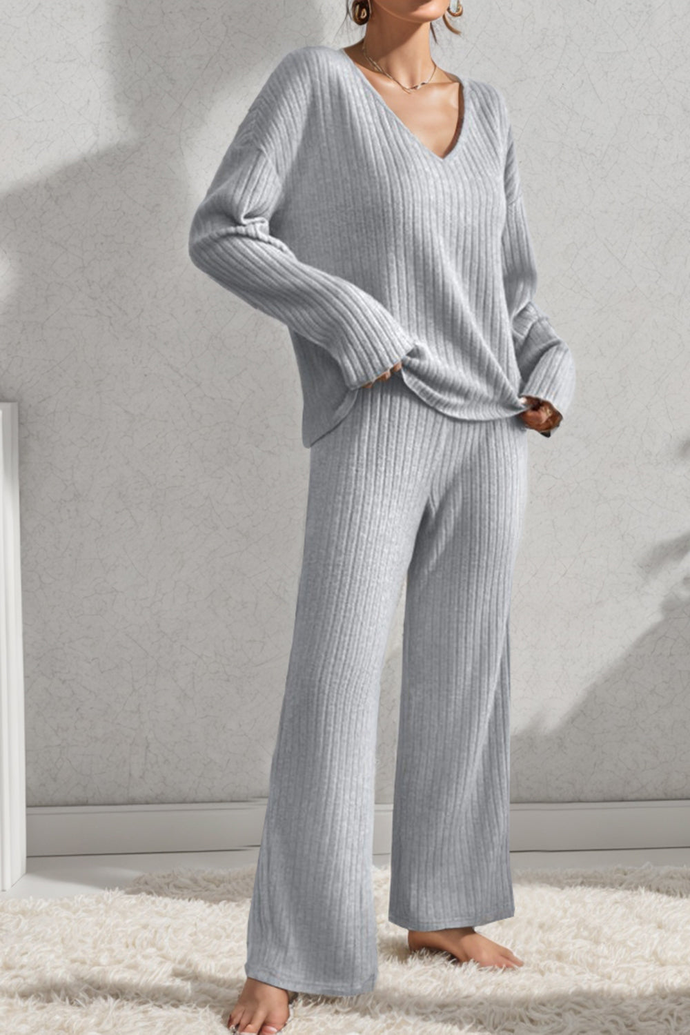 Ribbed V-Neck  Cotton Casual Top and Pants Set