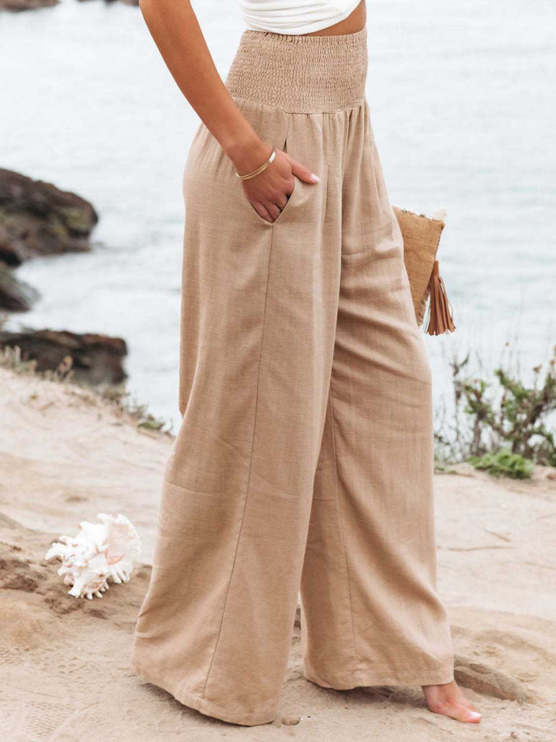 Smocked Waist Wide Leg Pants