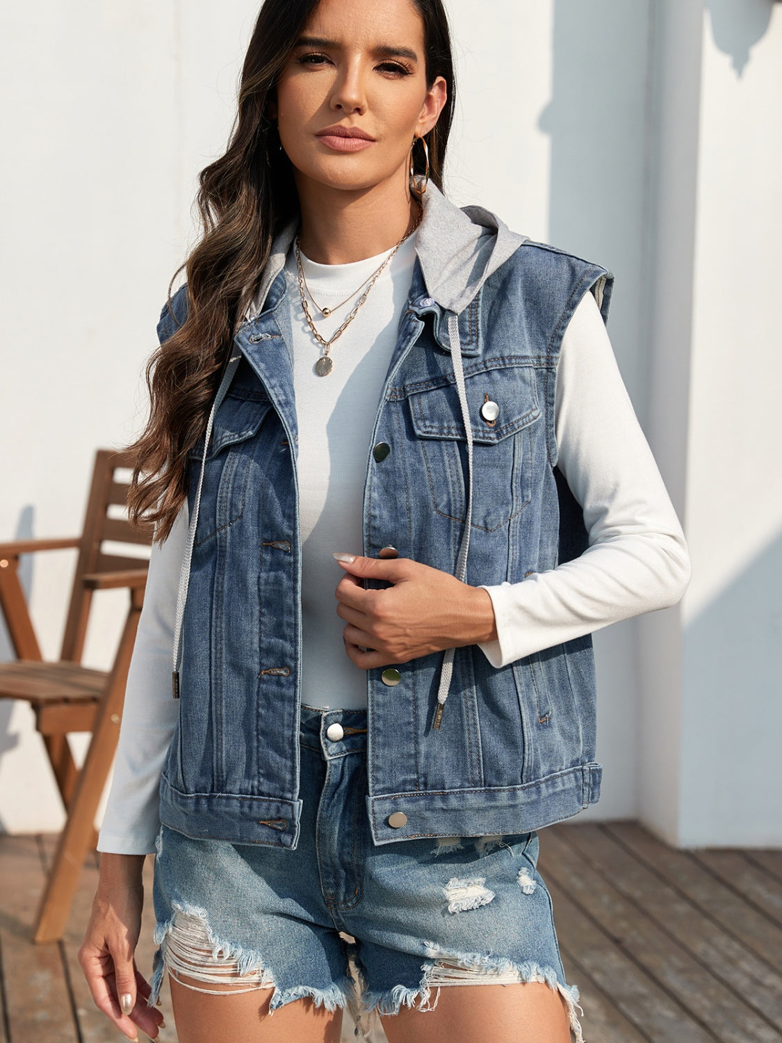 Denim Vest and Jersey Hoodie Jacket