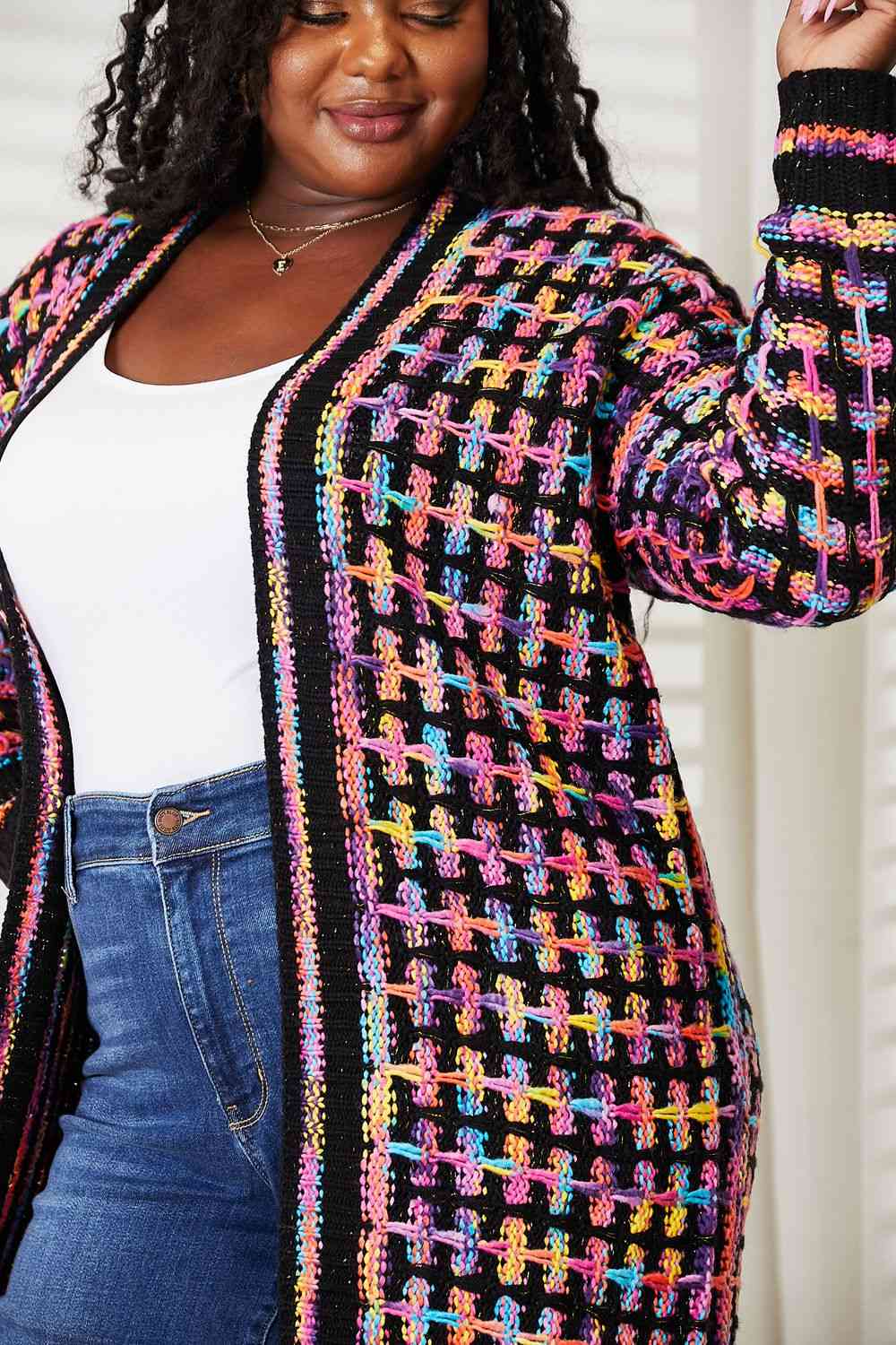 Double Take  Multicolored Fringe Hem Cardigan