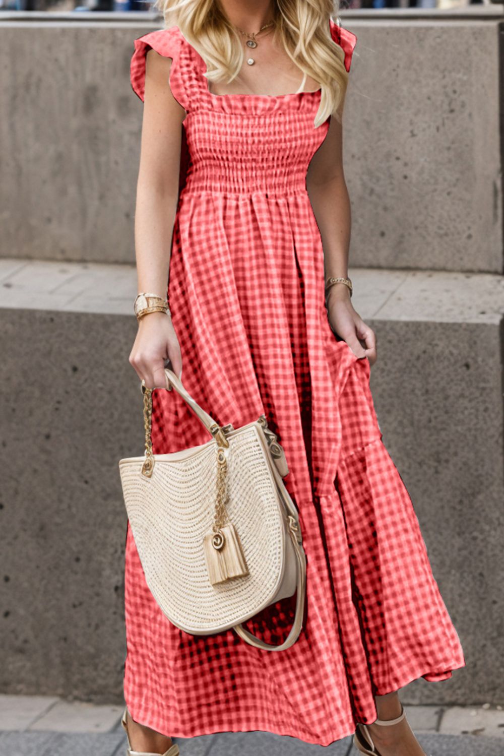 Country Girl Smocked Ruffled Plaid Ruffle Hem Dress