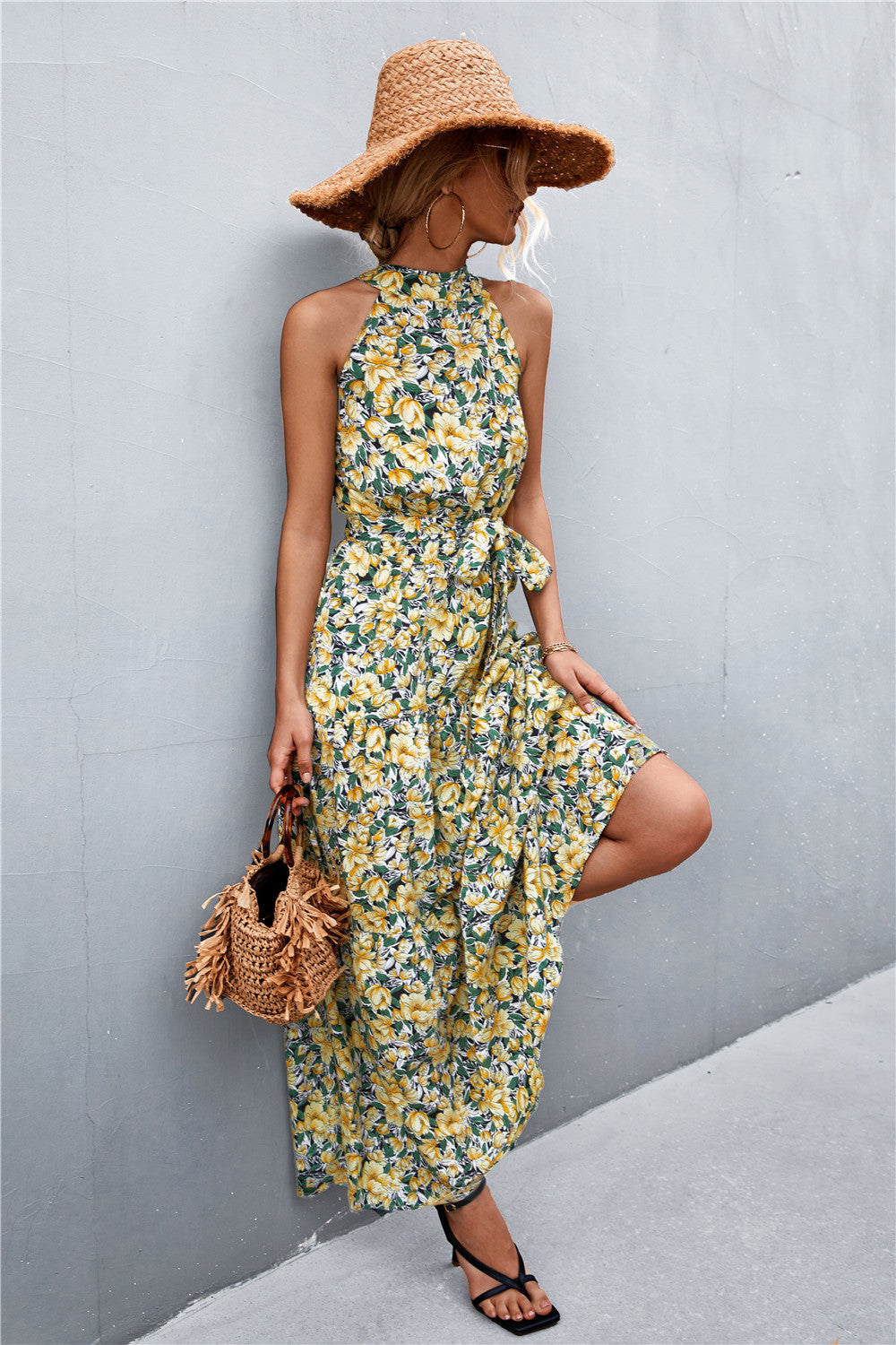 Summer Sleeveless Tie Waist Maxi Dress