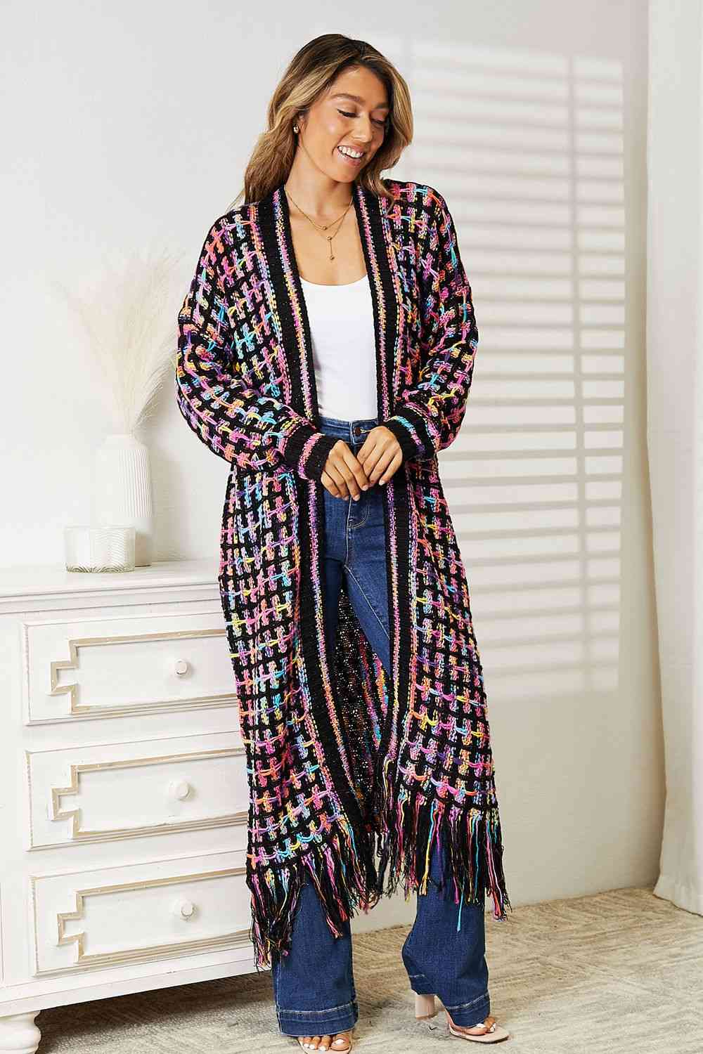 Double Take  Multicolored Fringe Hem Cardigan