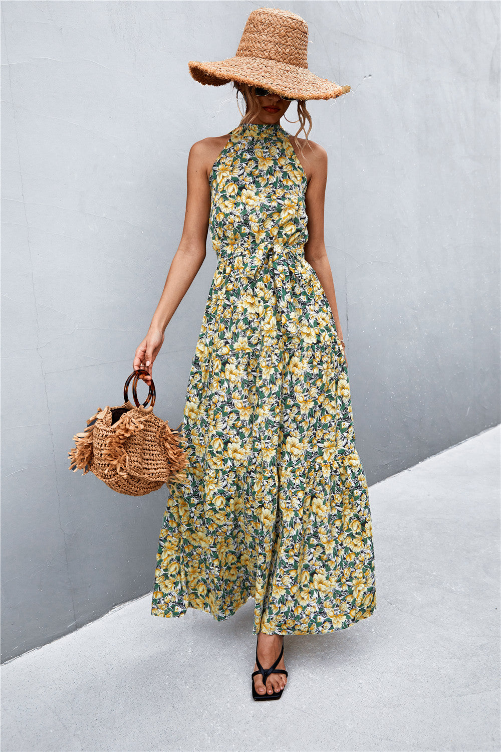 Summer Sleeveless Tie Waist Maxi Dress