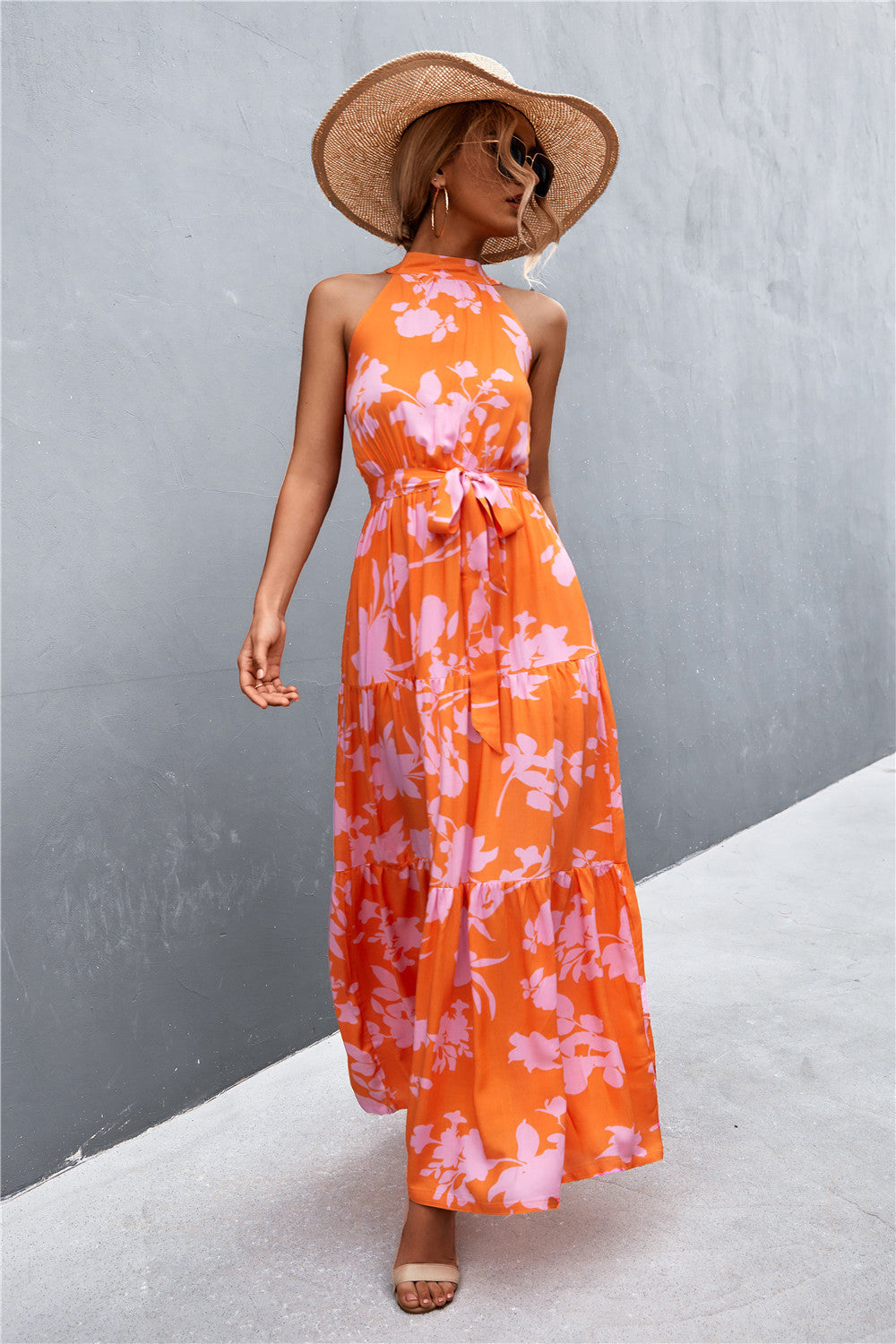 Summer Sleeveless Tie Waist Maxi Dress