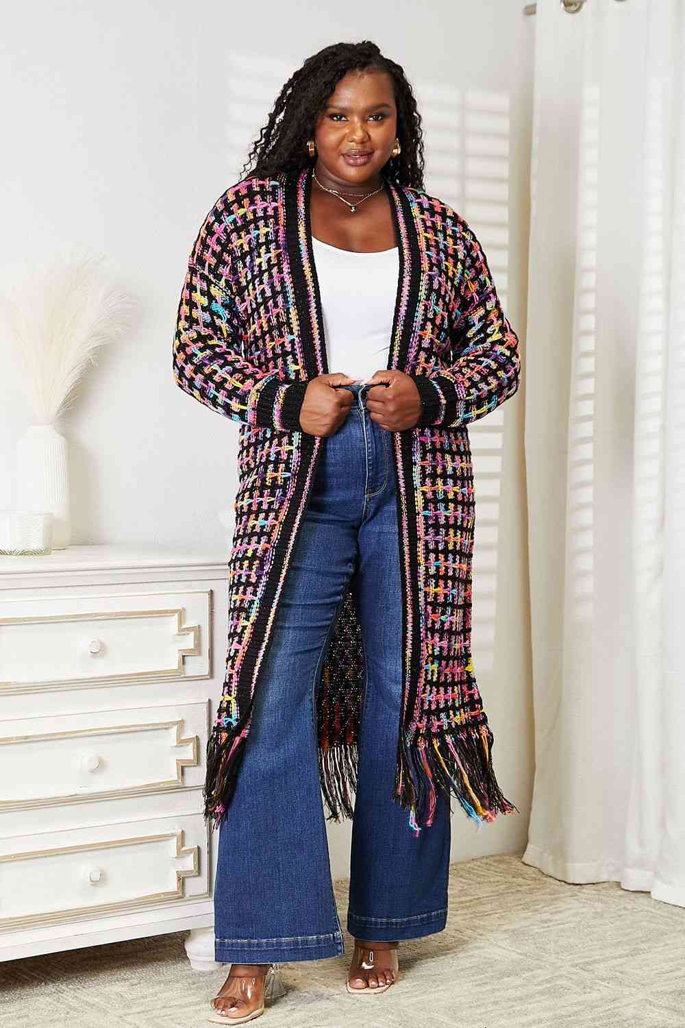 Double Take  Multicolored Fringe Hem Cardigan