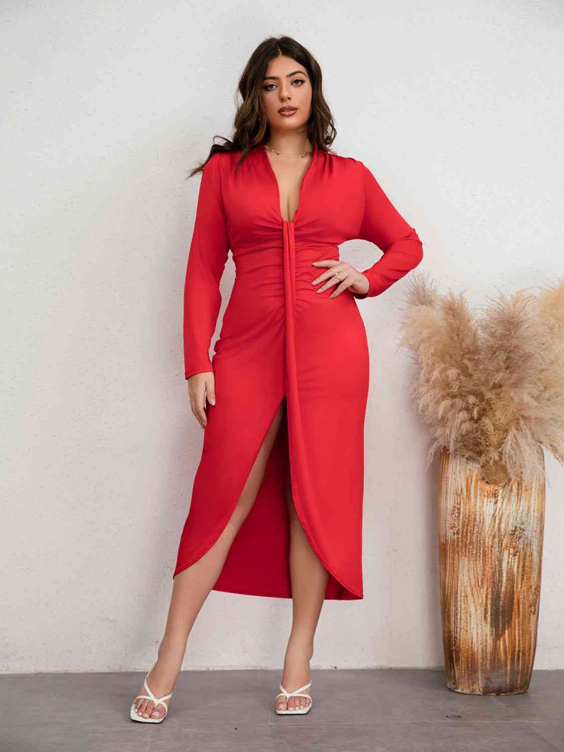 Ladies Plunge Ruched Slit Dress