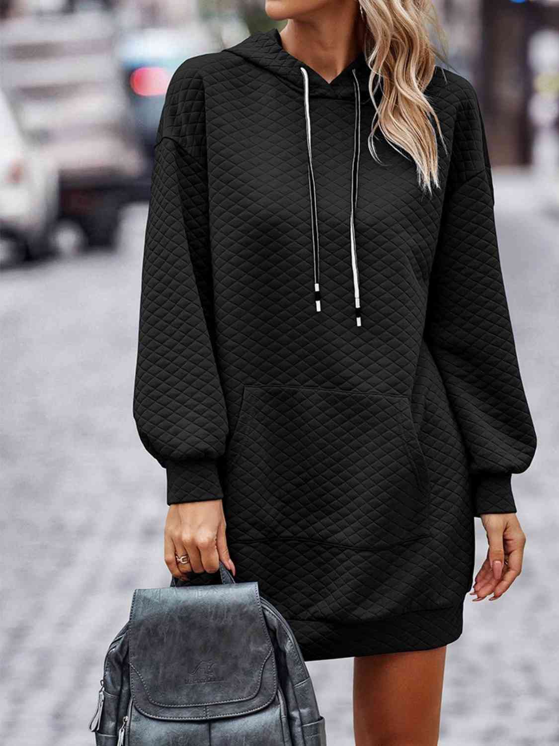 Textured Drawstring Tunic Hoodie Dress