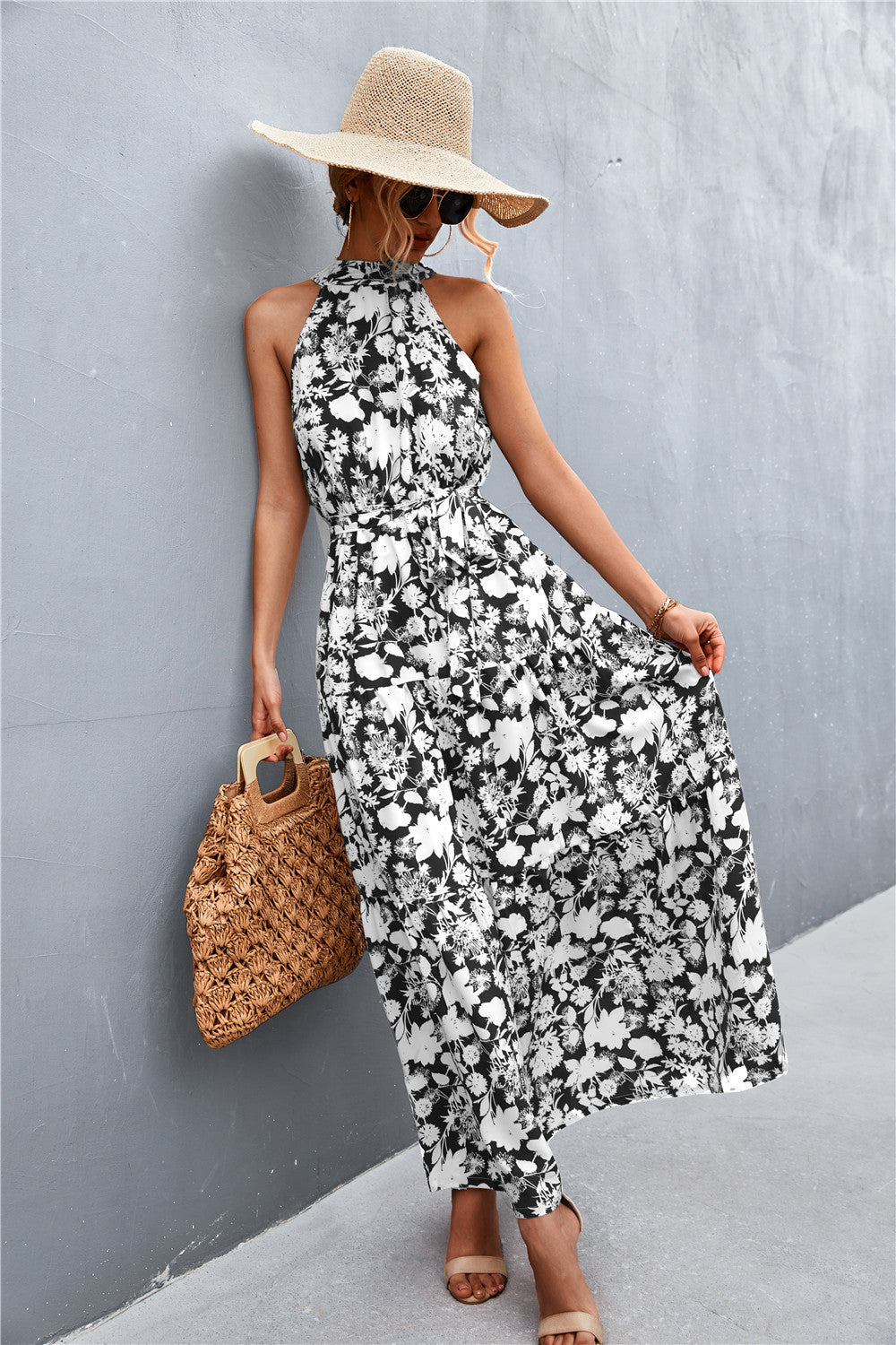 Summer Sleeveless Tie Waist Maxi Dress