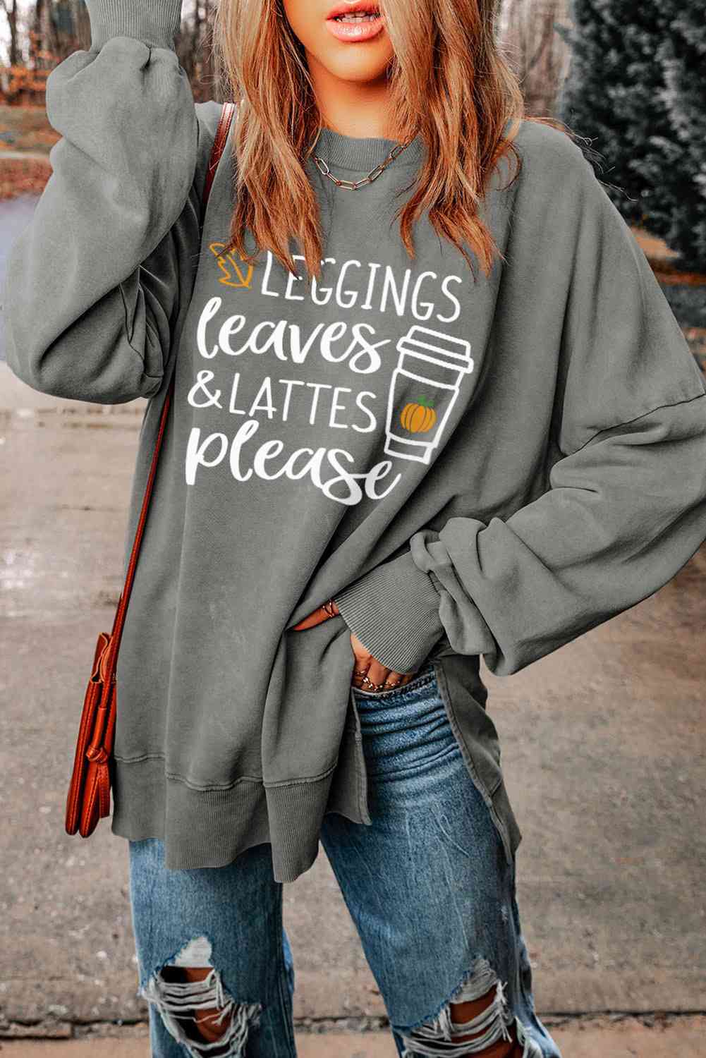 "LEGGINGS LEAVES LATTES PLEASE " Graphic Sweatshirt