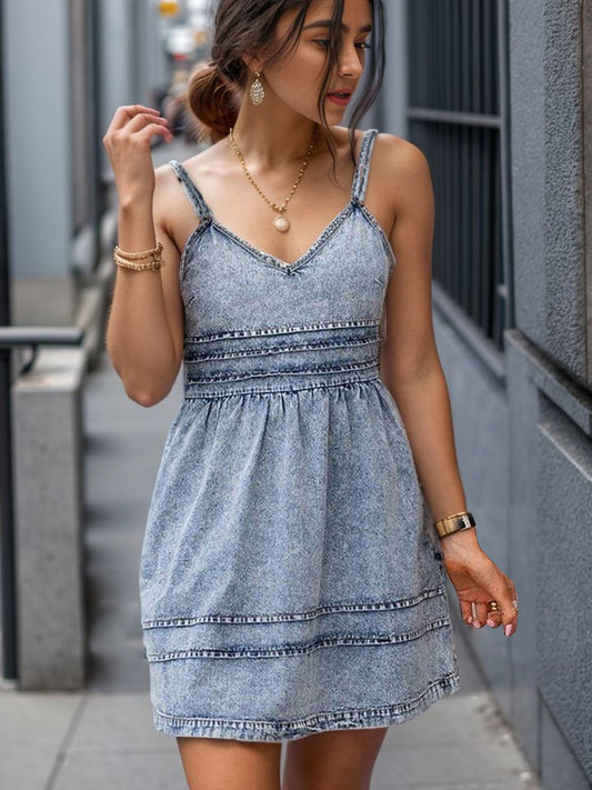 V-Neck Sleeveless Denim Mini Dress