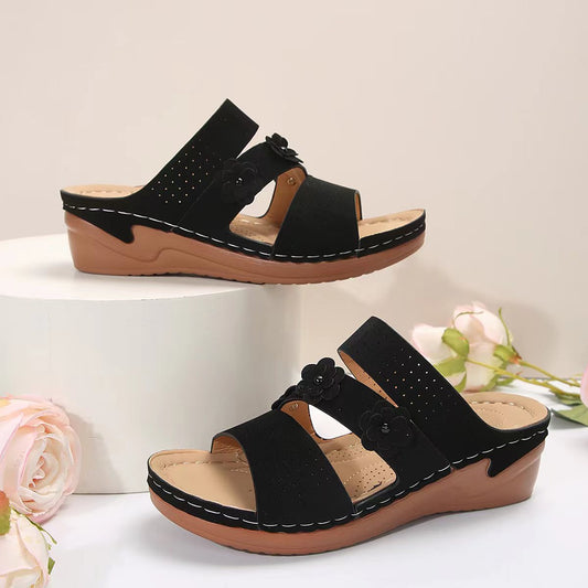 Flowers Faux Leather Wedge Sandals