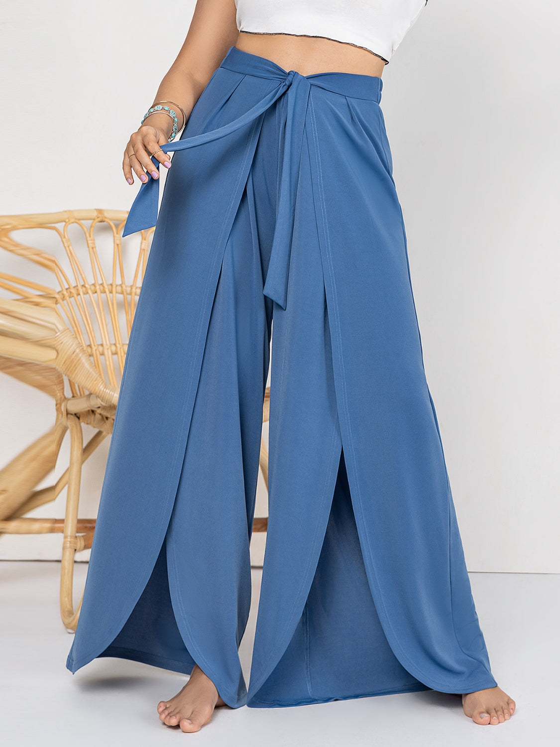 Flowy Tied Slit Wide Leg Pants