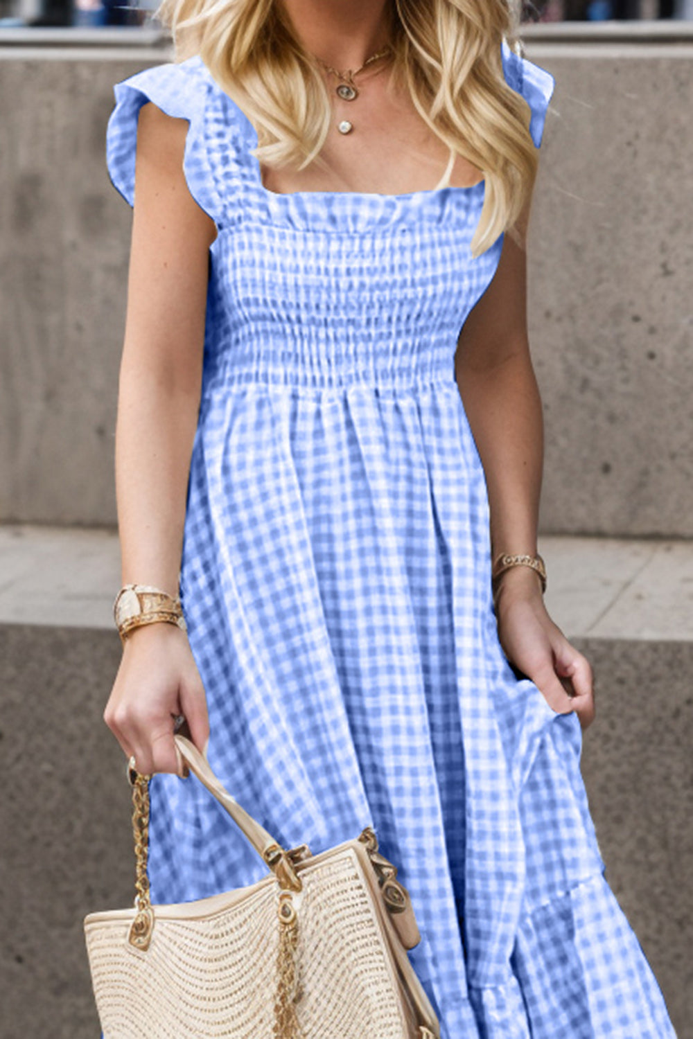 Country Girl Smocked Ruffled Plaid Ruffle Hem Dress