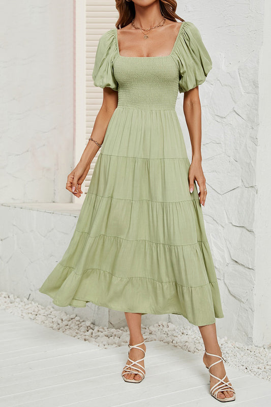 Smocked Square Neck Puff Sleeve Dress