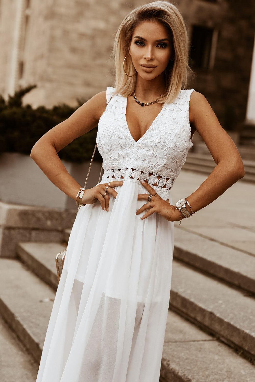 Lace  and Sheer V-Neck Dress