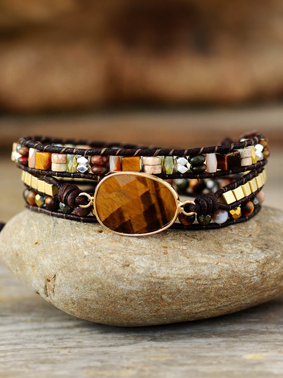 Geometrical Shape Triple-Layer Bracelet with natural Stone