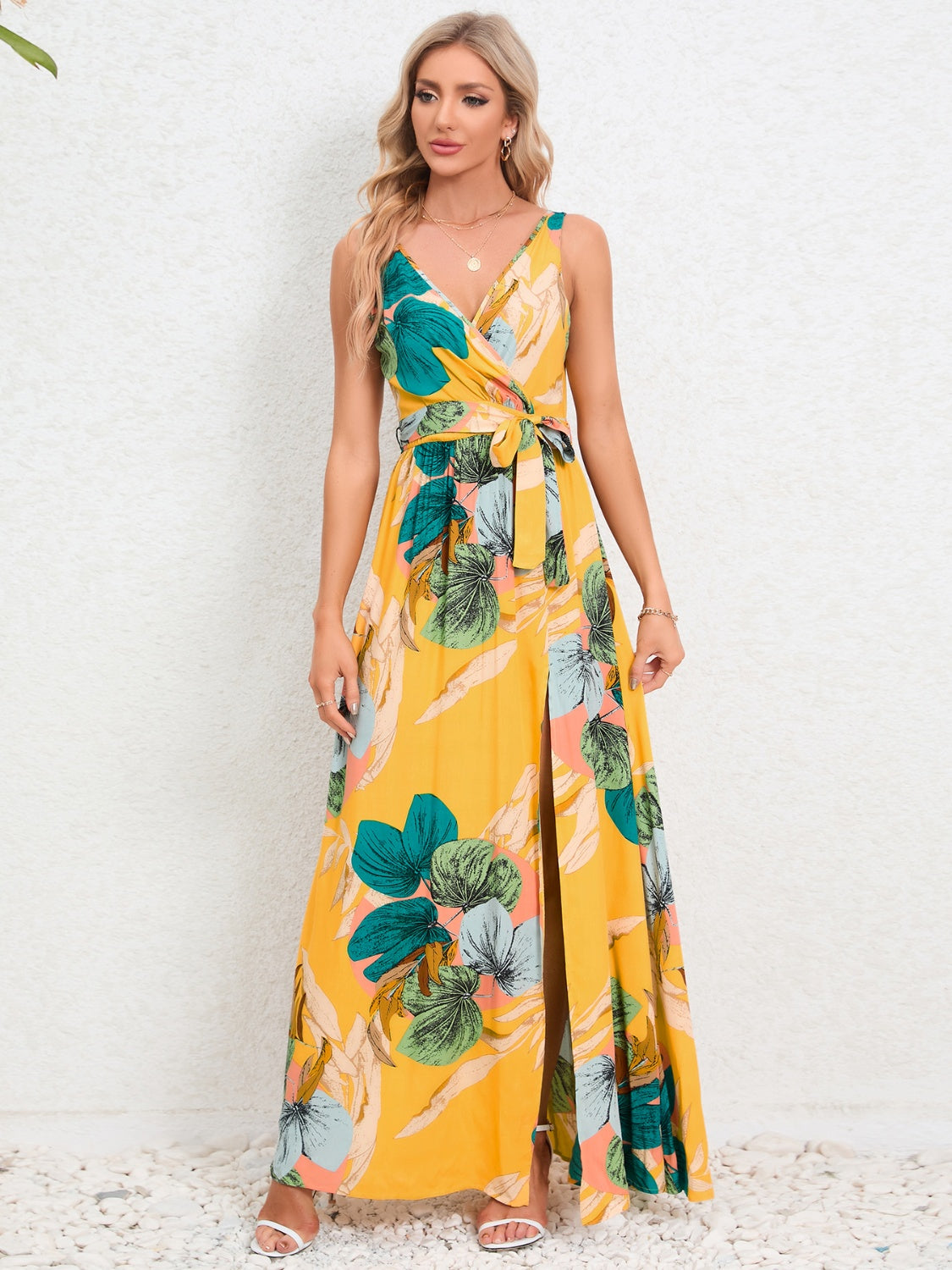 Tropical Sundress with tied waist and side split