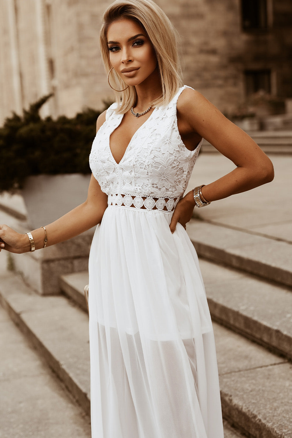 Lace  and Sheer V-Neck Dress