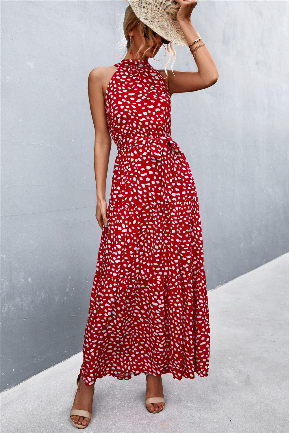 Summer Sleeveless Tie Waist Maxi Dress