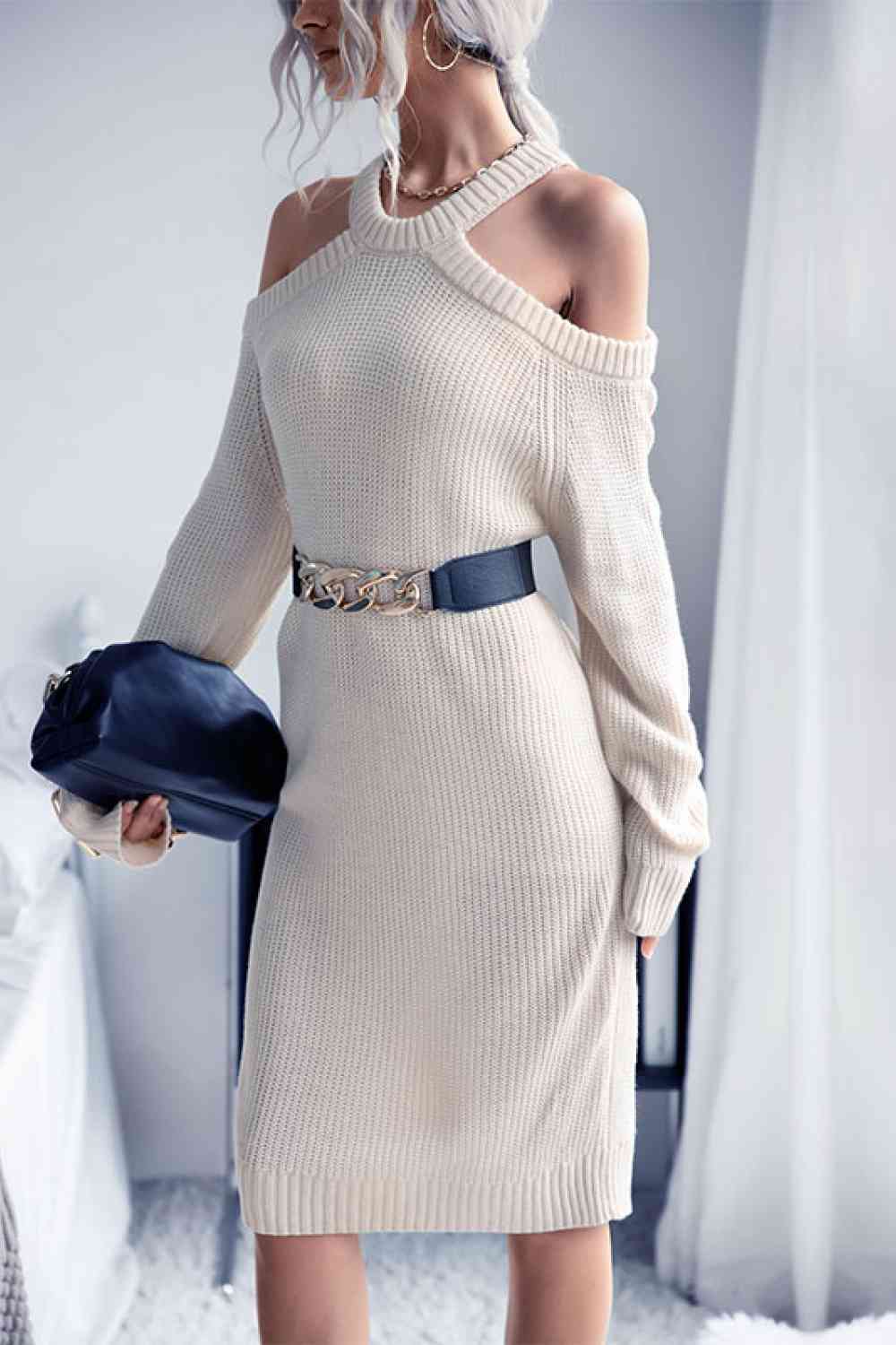 Cold Shoulder Rib-Knit Sweater Dress