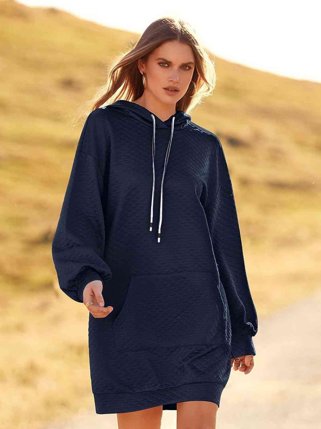 Textured Drawstring Tunic Hoodie Dress