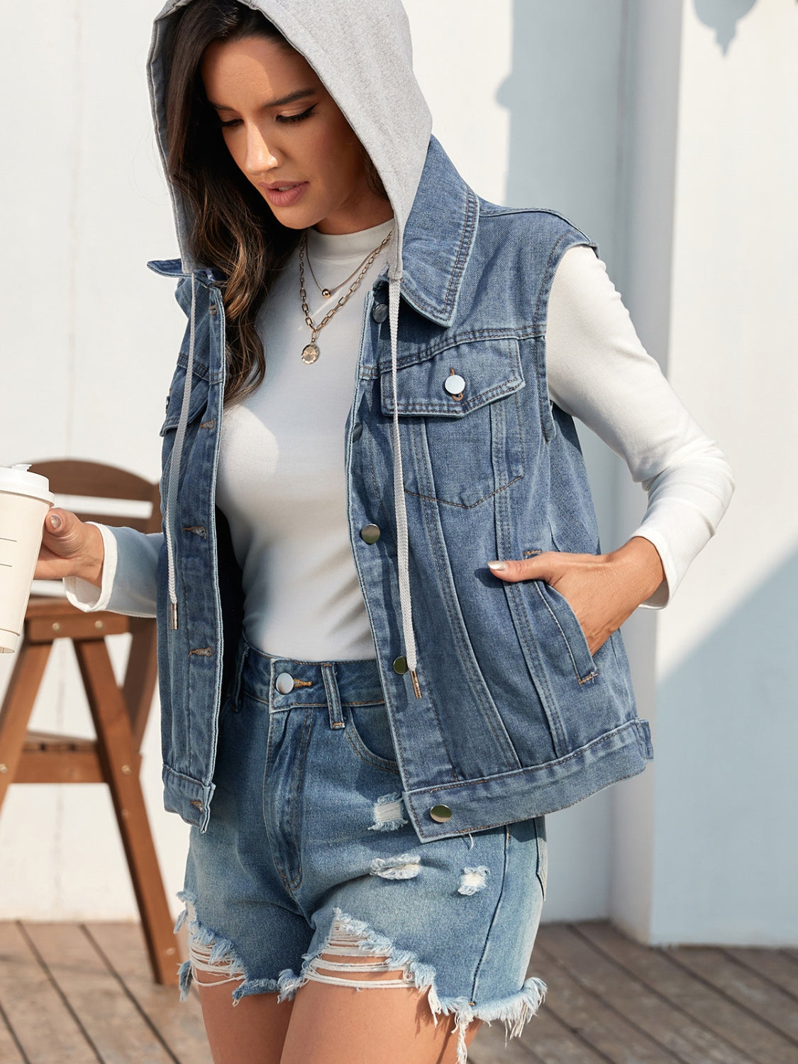 Denim Vest and Jersey Hoodie Jacket