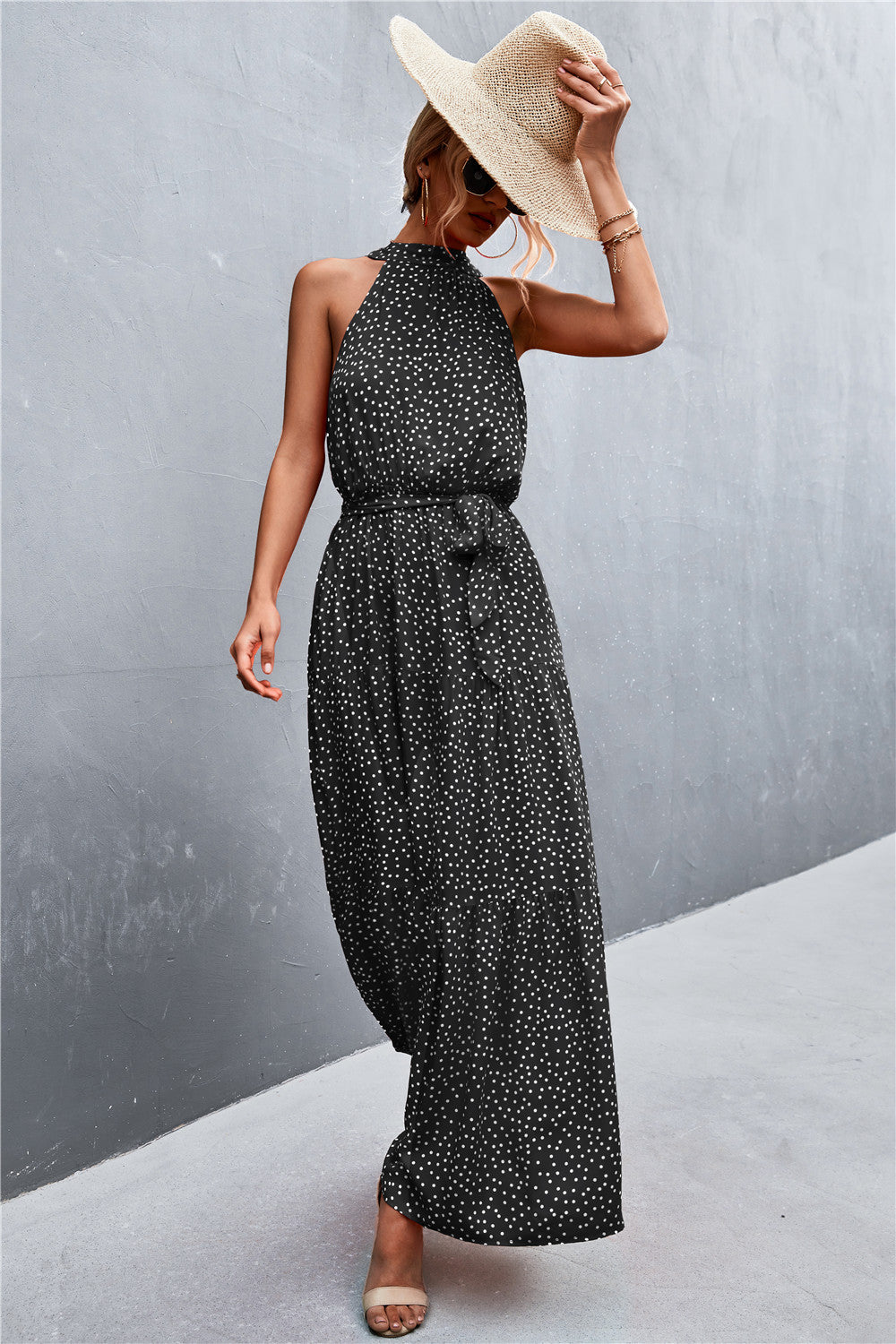 Summer Sleeveless Tie Waist Maxi Dress