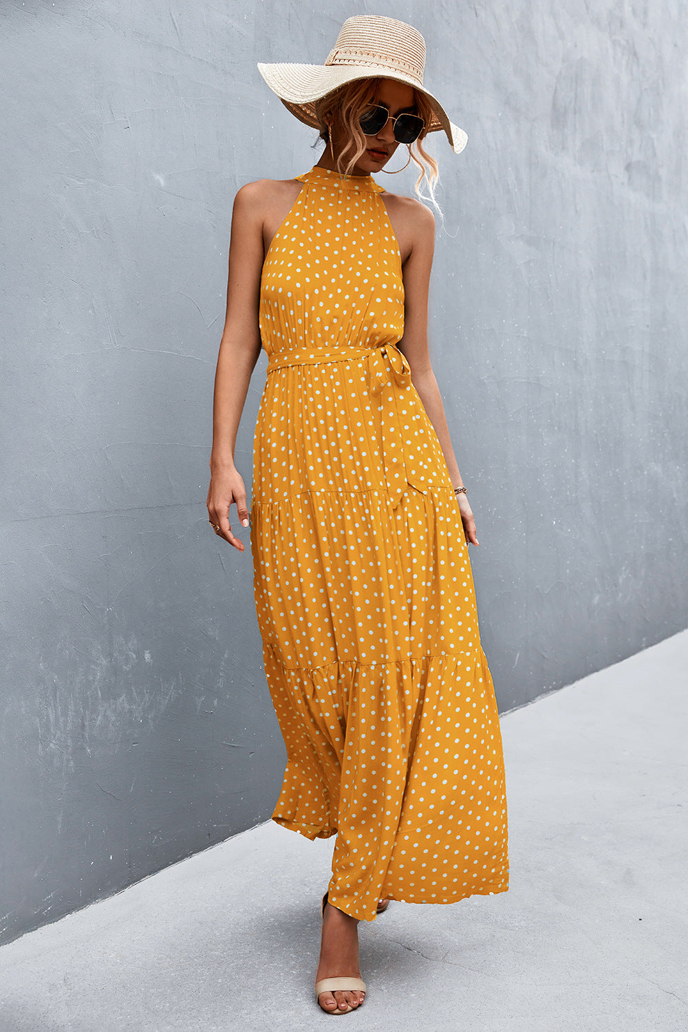 Summer Sleeveless Tie Waist Maxi Dress