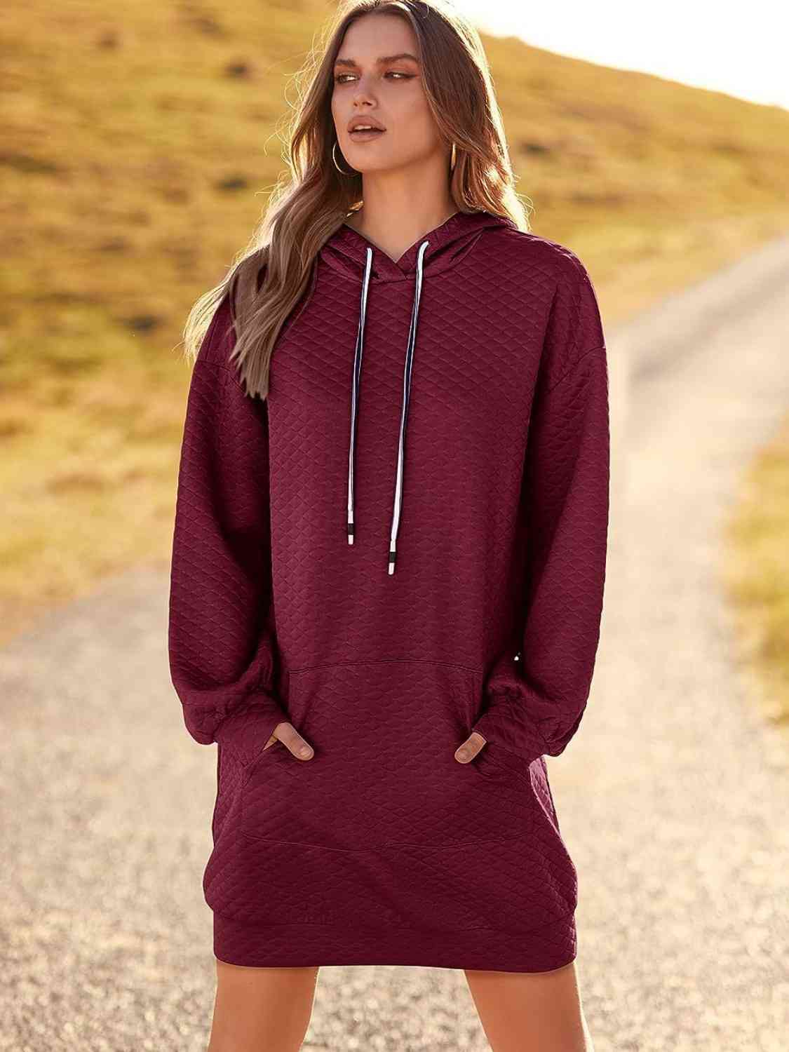 Textured Drawstring Tunic Hoodie Dress