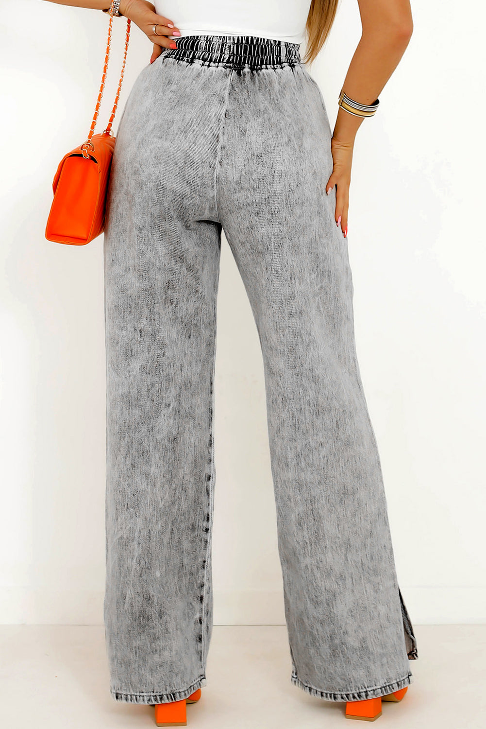 Charcoal Drawstring Jeans with Hem Slits