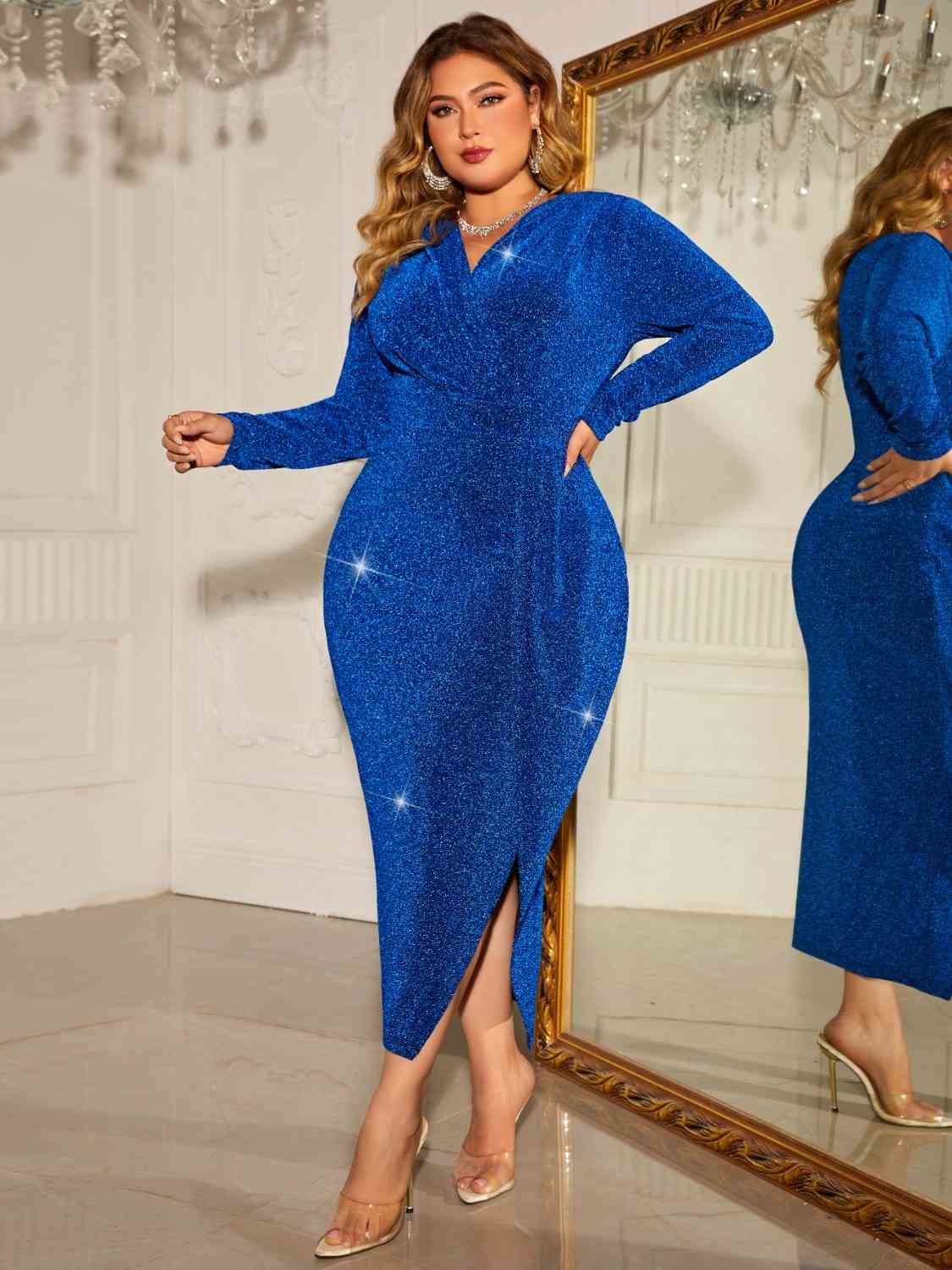 Royal Blue Holiday Surplice Neck Slit Dress