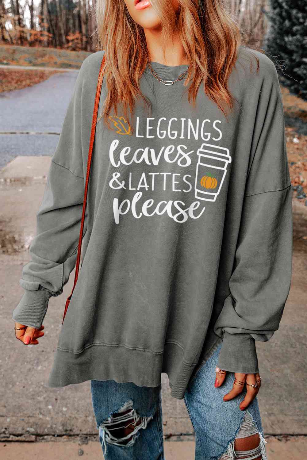 "LEGGINGS LEAVES LATTES PLEASE " Graphic Sweatshirt