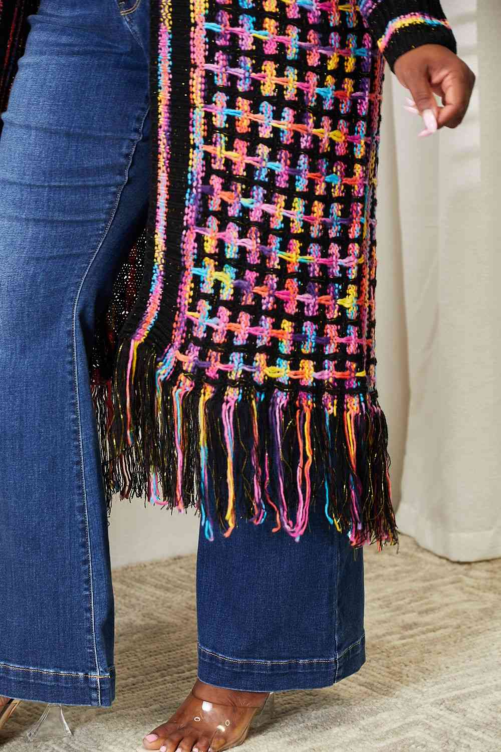 Double Take  Multicolored Fringe Hem Cardigan