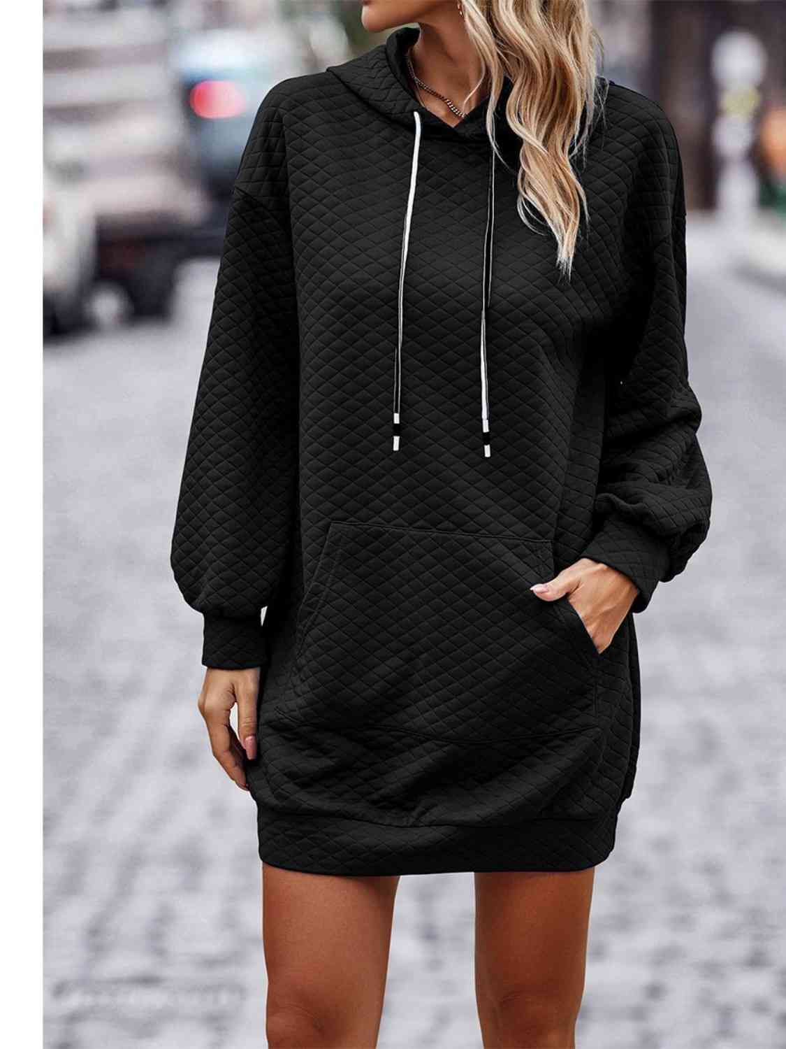 Textured Drawstring Tunic Hoodie Dress