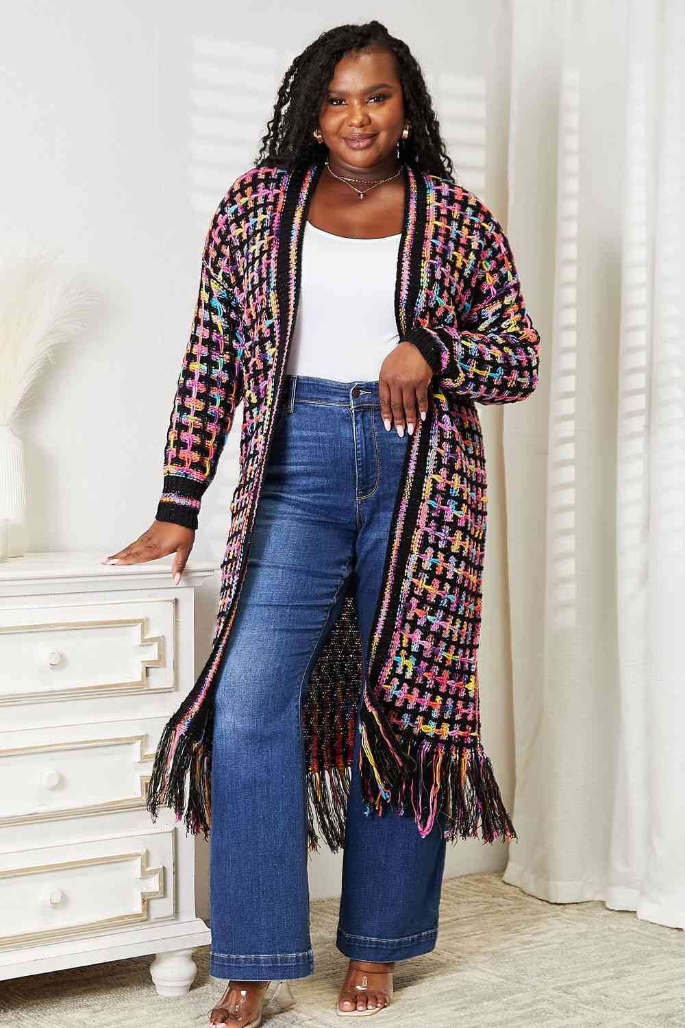 Double Take  Multicolored Fringe Hem Cardigan