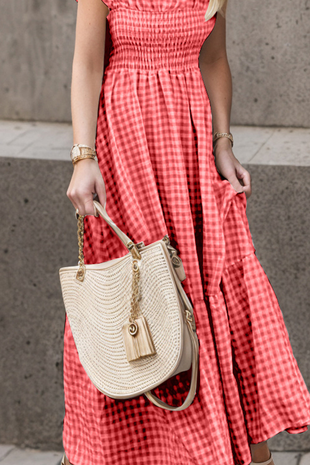 Country Girl Smocked Ruffled Plaid Ruffle Hem Dress