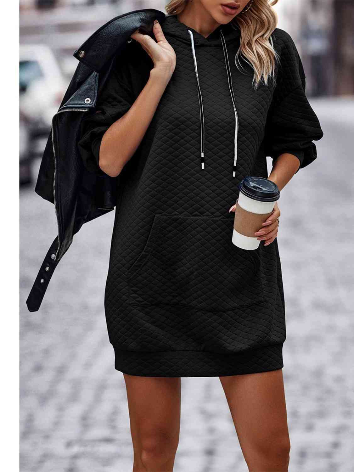 Textured Drawstring Tunic Hoodie Dress