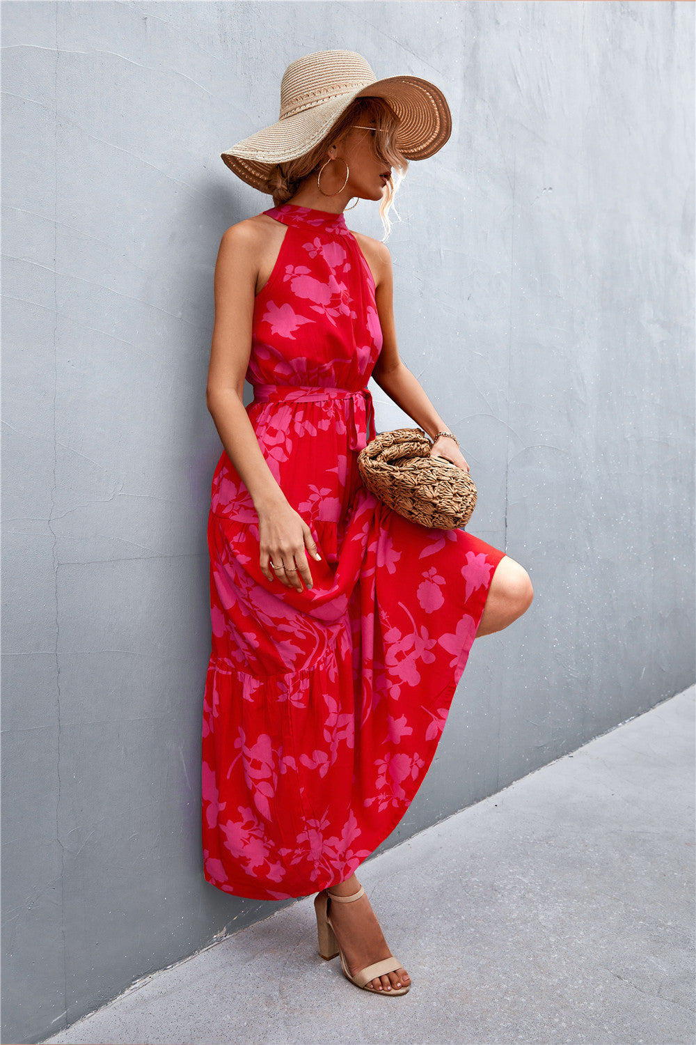 Summer Sleeveless Tie Waist Maxi Dress