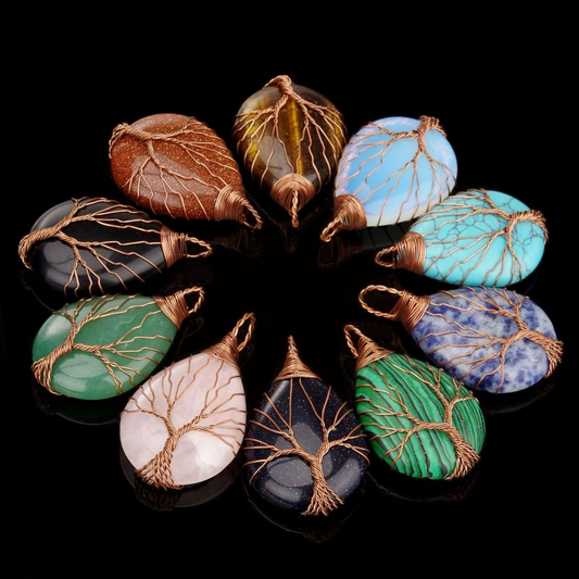 Custom Copper Wire Wrap Tree of Life Shape Gemstone Necklace.