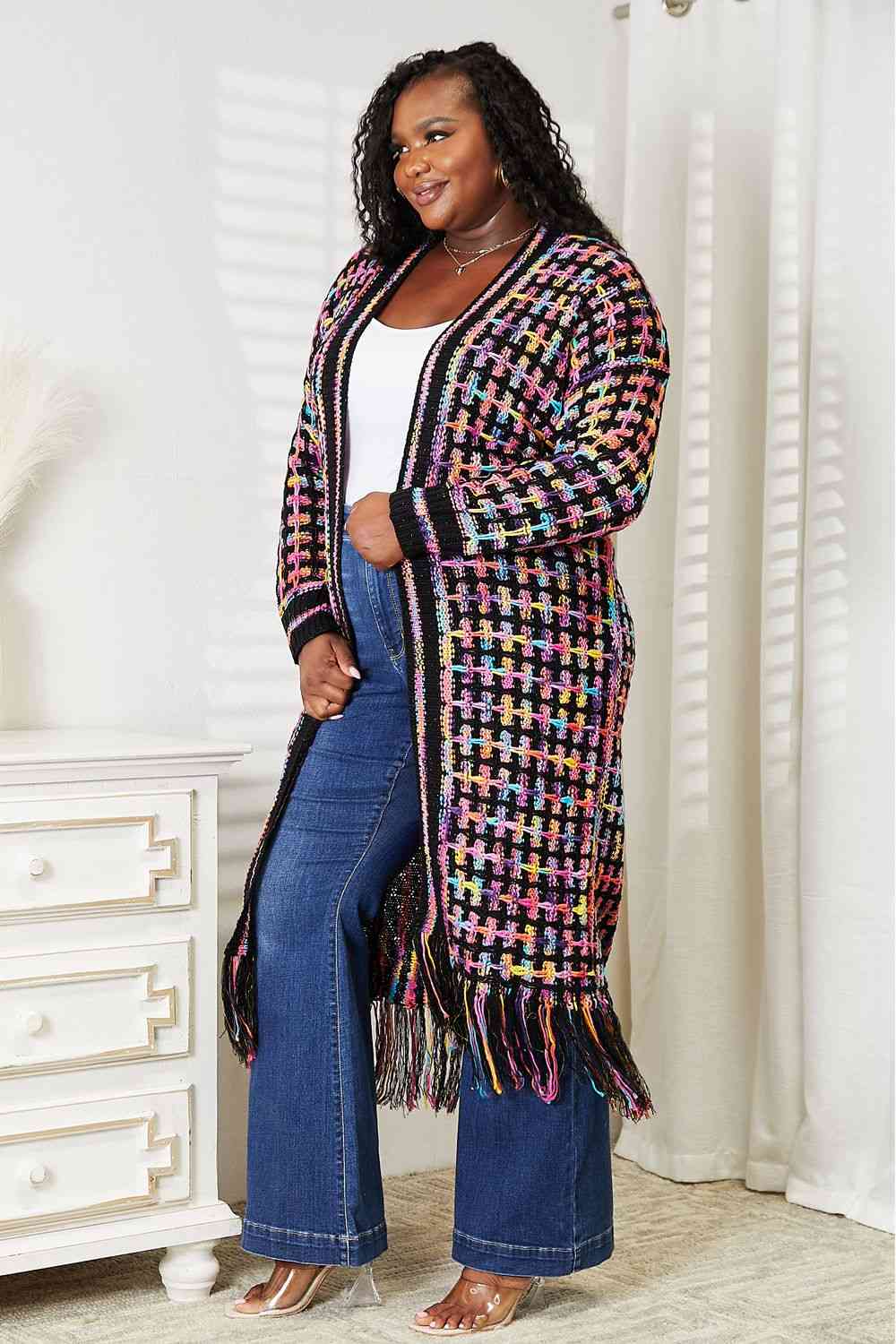 Double Take  Multicolored Fringe Hem Cardigan