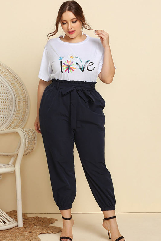 "Love" Graphic Tee and Belted Paperbag Joggers Set
