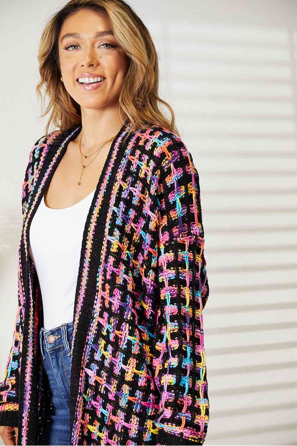 Double Take  Multicolored Fringe Hem Cardigan