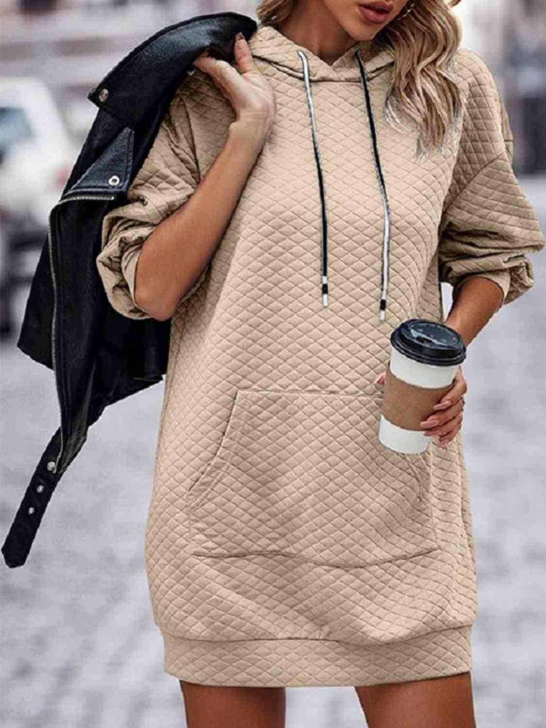 Textured Drawstring Tunic Hoodie Dress