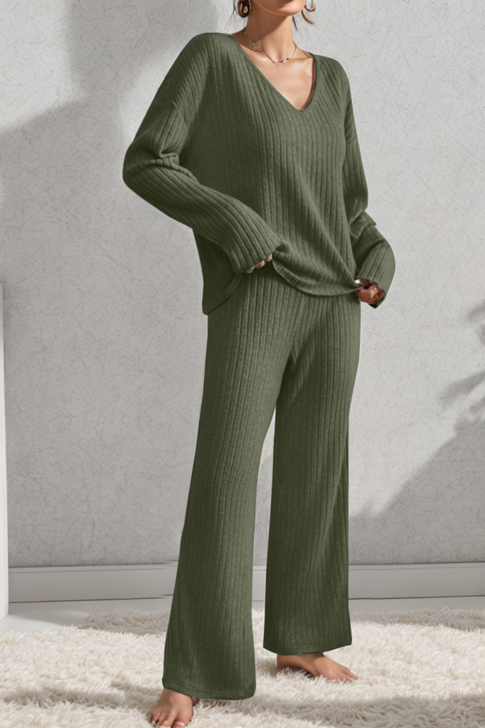 Ribbed V-Neck  Cotton Casual Top and Pants Set