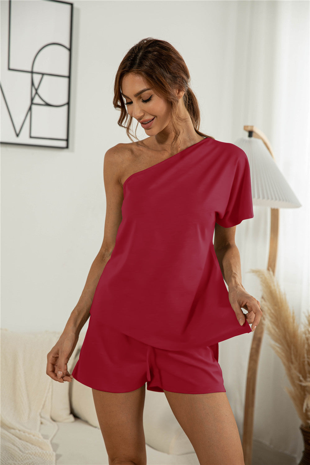 Casual One Shoulder Asymmetry Top & Shorts
