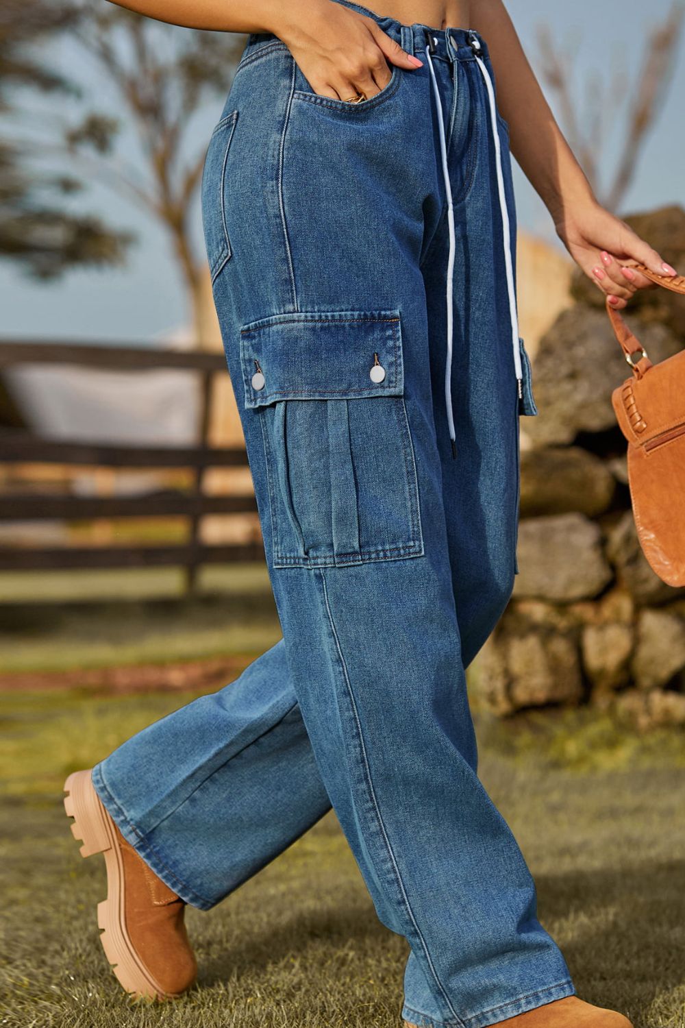 Loose Fit Drawstring Jeans with Pockets